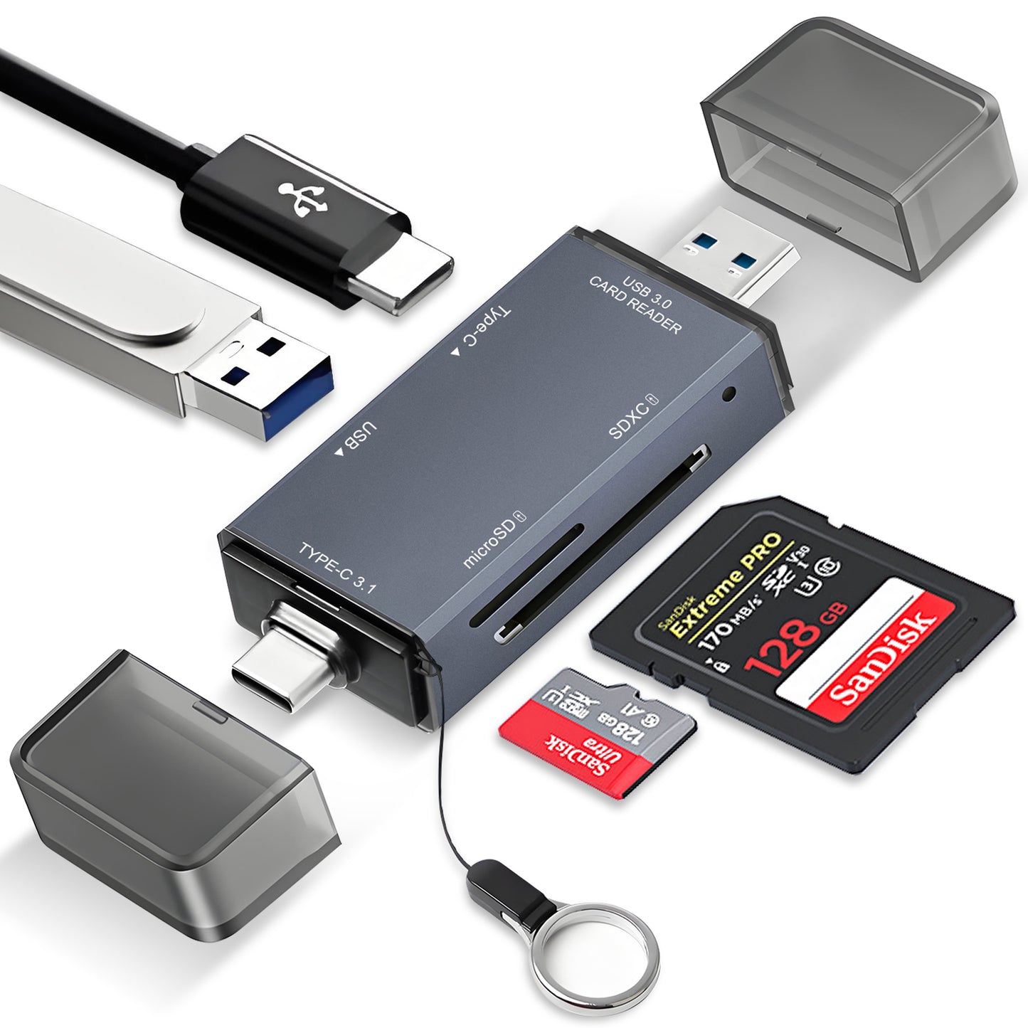 Atzeste 4-in-1 SD Card Reader, USB C & USB 3.0 Simultaneous Read/Write Memory Card Adapter for SD/Micro SD, Compatible with iPhone 15/16, MacBook Pro/Air, Laptop, PC