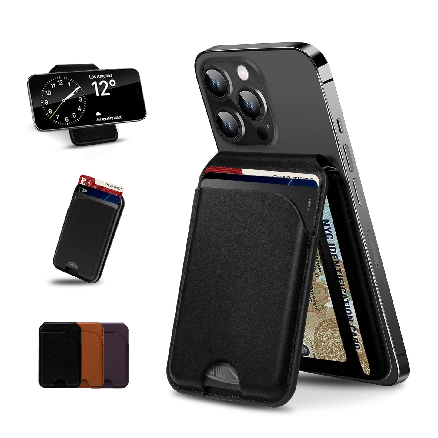 for Magsafe Wallet, 5 Card-Holder, Magnetic Wallet with Adjustable Stand, for iPhone 16/15/14/13/12 Series, Leather, Black