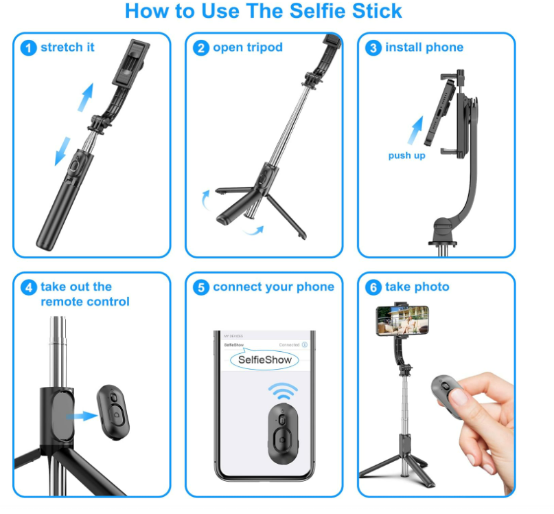 Selfie Stick Tripod for Cell Phone with Remote, 50" Extendable Travel Tripod Stand, Lightweight Phone Tripod for Video Recording, Photography, Live Streaming, Black