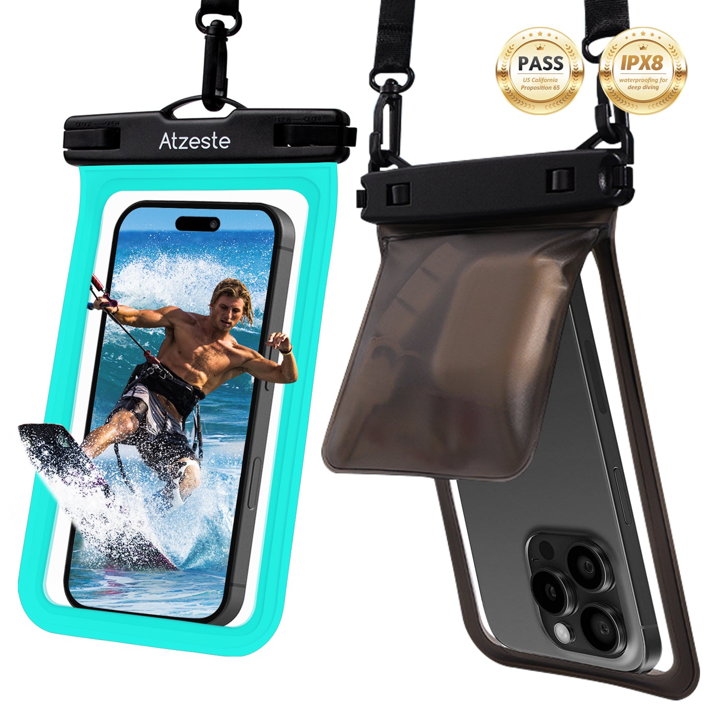 Atzeste Double Space Waterproof Phone Pouch Bag, 2 Pack Waterproof Phone Case Dry Bag for iPhone 16 15 Pro Max Galaxy S23 Pixel 7a up to 7.5‘’, for Beach Vacation Travel Cruise Essentials, Teal