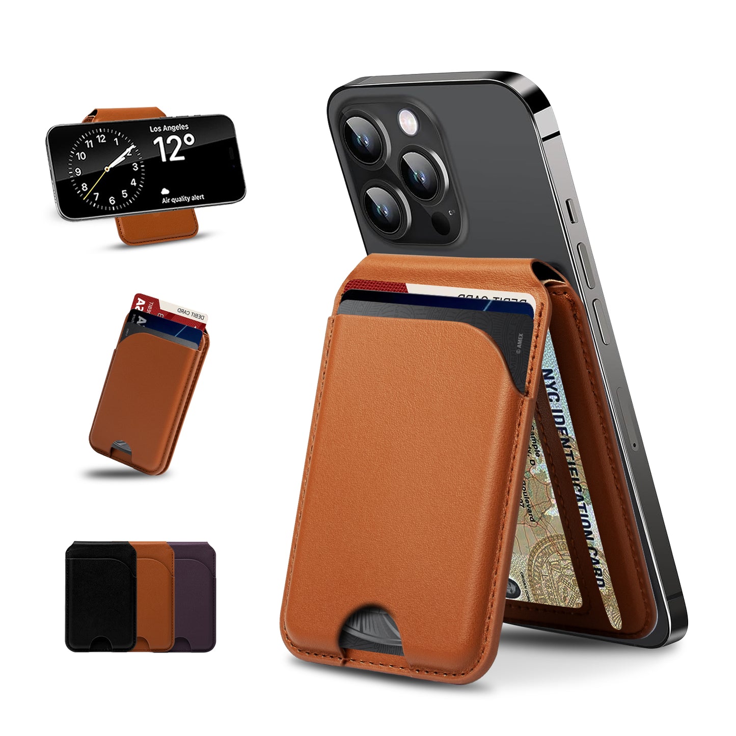 for Magsafe Wallet, 5 Card-Holder, Magnetic Wallet with Adjustable Stand, for iPhone 16/15/14/13/12 Series, Leather, Brown