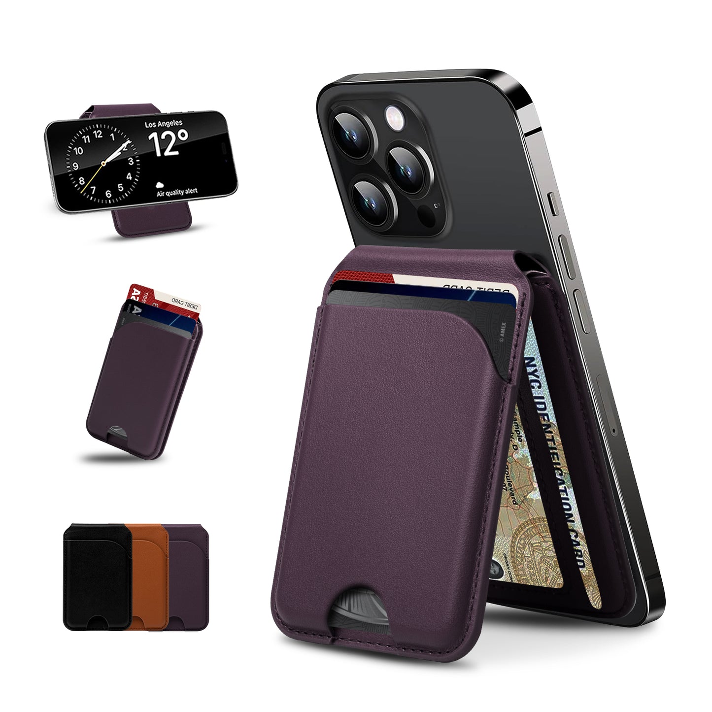 for Magsafe Wallet, 5 Card-Holder, Magnetic Wallet with Adjustable Stand, for iPhone 16/15/14/13/12 Series, Leather, Purple
