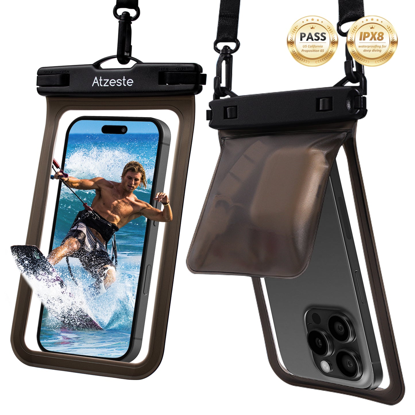 Atzeste Double Space Waterproof Phone Pouch Bag, 2 Pack Waterproof Phone Case Dry Bag for iPhone 16 15 Pro Max Galaxy S23 Pixel 7a up to 7.5‘’, for Beach Vacation Travel Cruise Essentials, Black