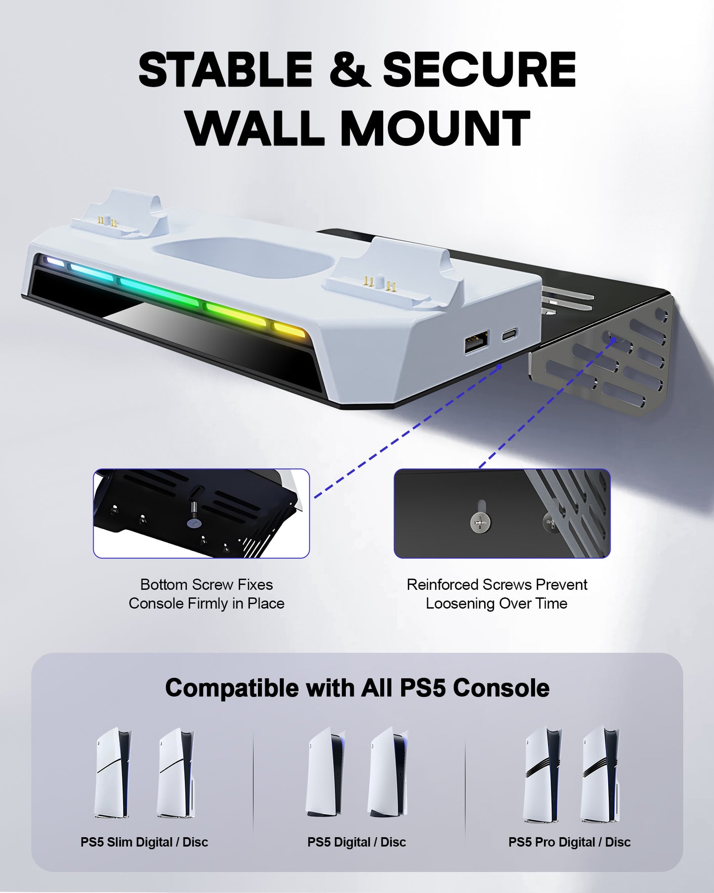 Wall Mount Kit for PS5/Slim/Pro with Charging Station, Floating Shelf Holder with Fast Dual Controller Charger, 9 RGB Light Modes, Compatible with PlayStation 5/Slim/Pro Disc & Digital Version