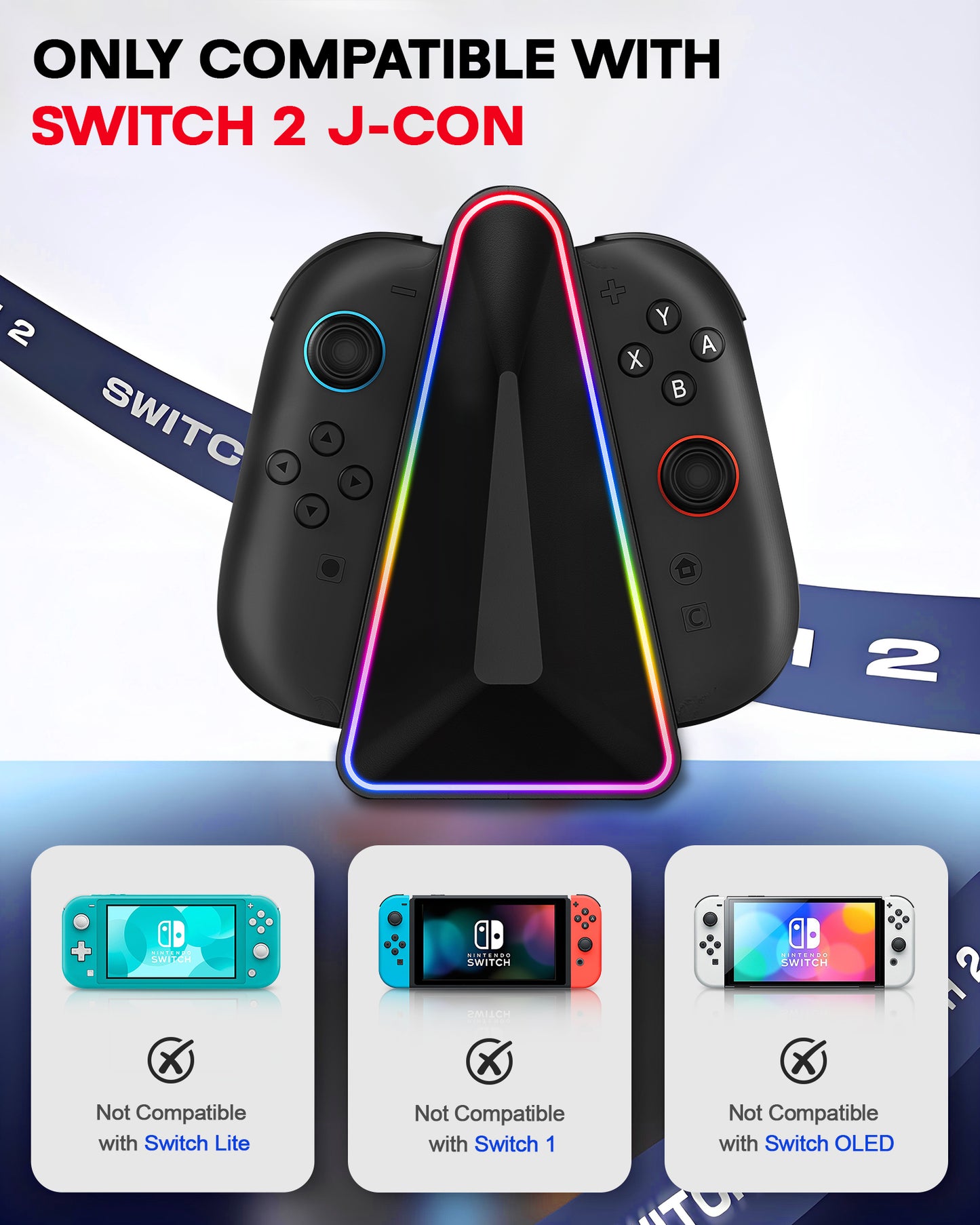 Charging Dock for 4 Joy-Cons for Nintendo Switch 2(2025), Dual-Side Magnetic Fast Controller Charger Docking Station, 9 RGB Light Modes, with Charging Cable