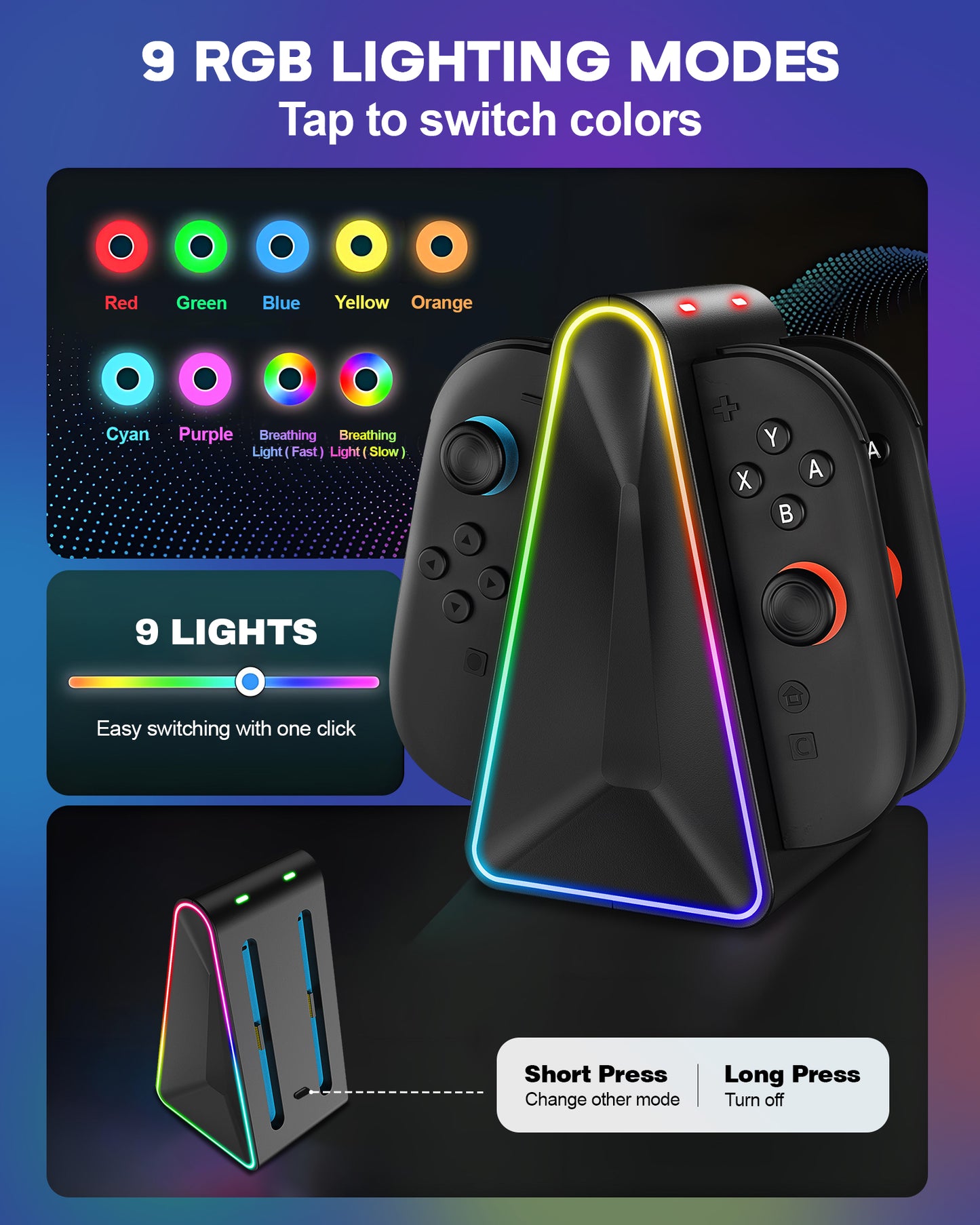 Charging Dock for 4 Joy-Cons for Nintendo Switch 2(2025), Dual-Side Magnetic Fast Controller Charger Docking Station, 9 RGB Light Modes, with Charging Cable