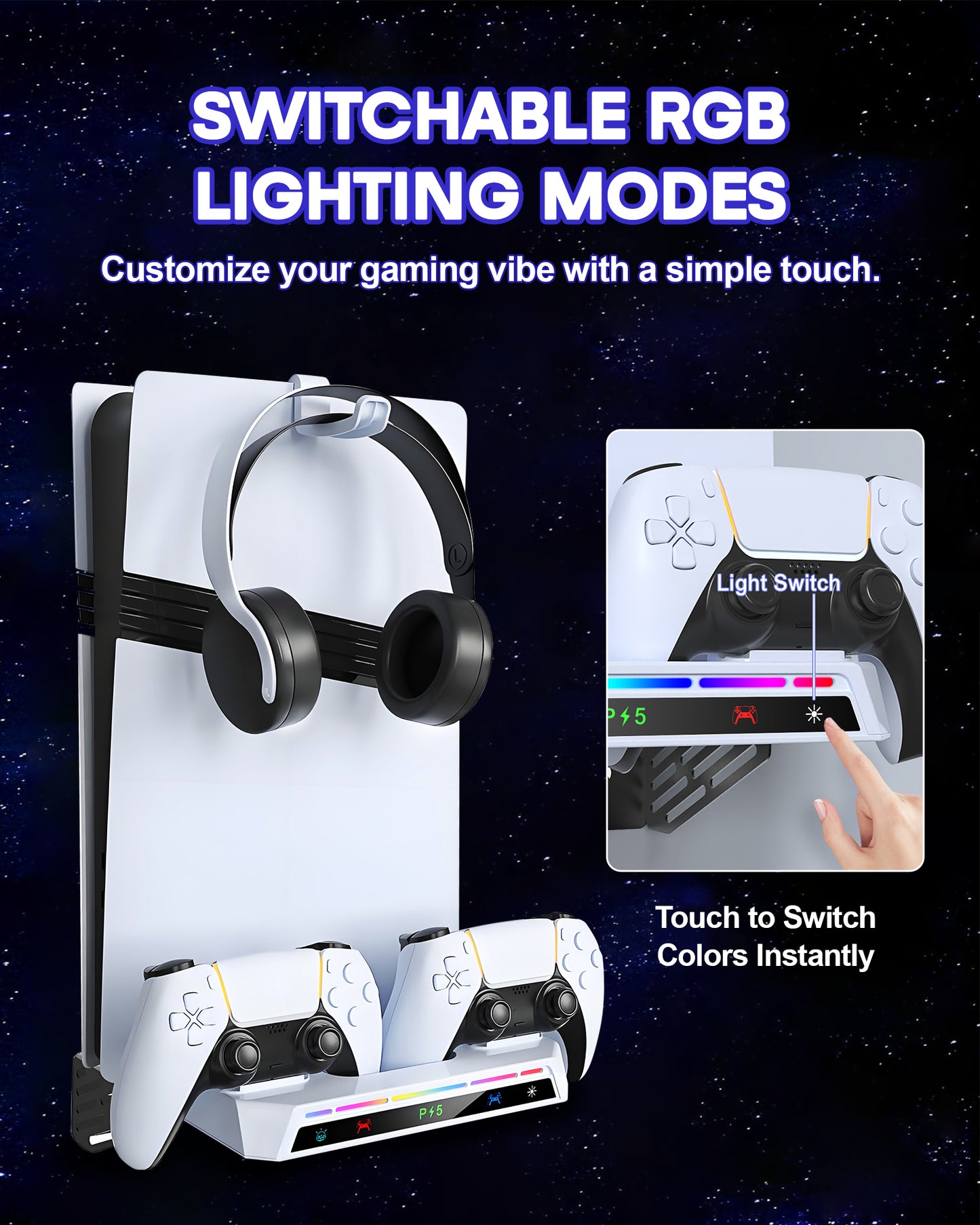 Wall Mount Kit for PS5/Slim/Pro with Charging Station, Floating Shelf Holder with Fast Dual Controller Charger, 9 RGB Light Modes, Compatible with PlayStation 5/Slim/Pro Disc & Digital Version