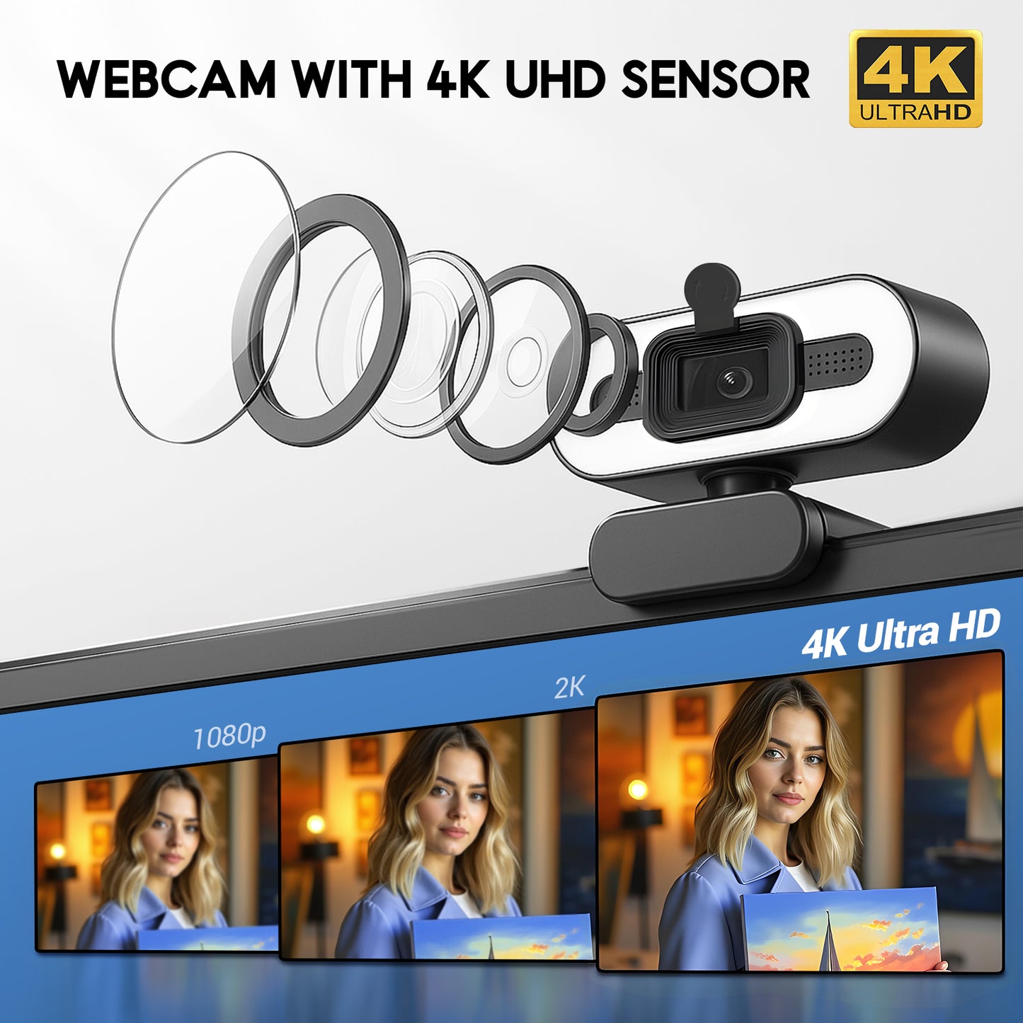 Atzeste Webcam with Ring Light 4K HD USB Autofocus PC Webcam with Mics for Xbox Ps5 Laptop Computer Gaming Webcam