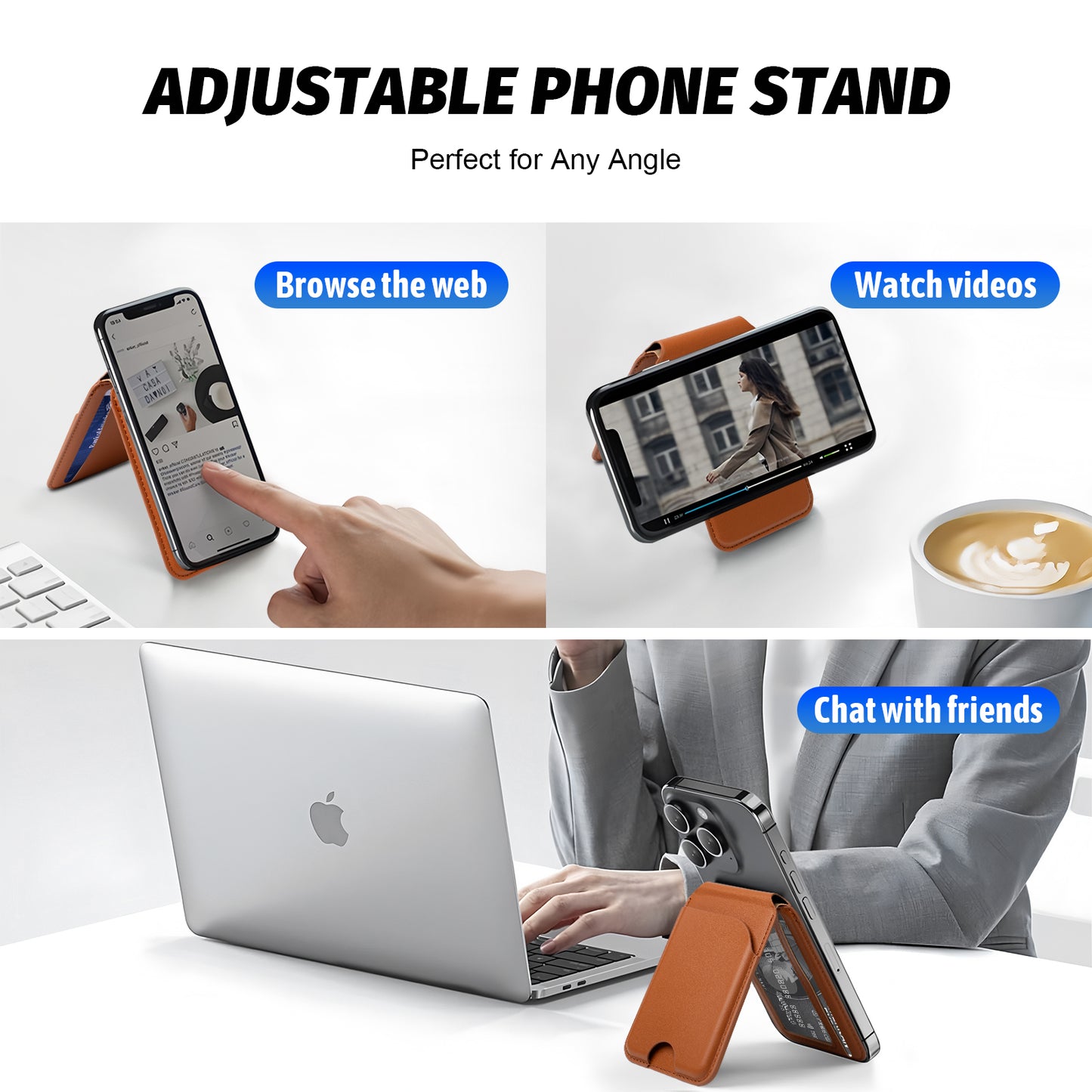 for Magsafe Wallet, 5 Card-Holder, Magnetic Wallet with Adjustable Stand, for iPhone 16/15/14/13/12 Series, Leather, Brown