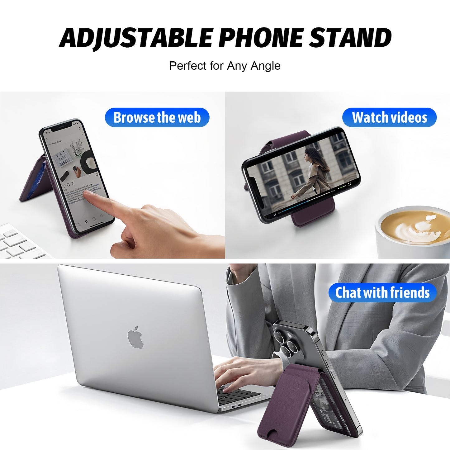 for Magsafe Wallet, 5 Card-Holder, Magnetic Wallet with Adjustable Stand, for iPhone 16/15/14/13/12 Series, Leather, Purple