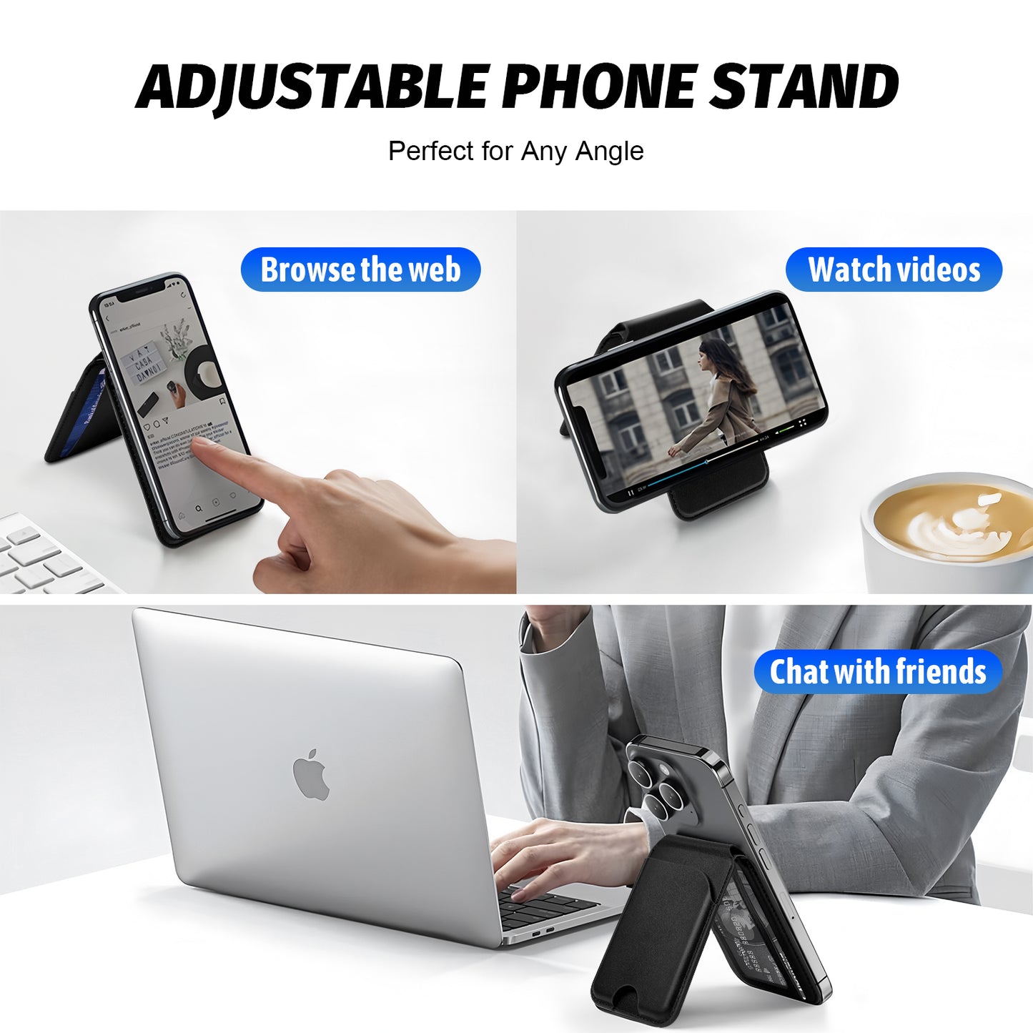 for Magsafe Wallet, 5 Card-Holder, Magnetic Wallet with Adjustable Stand, for iPhone 16/15/14/13/12 Series, Leather, Black