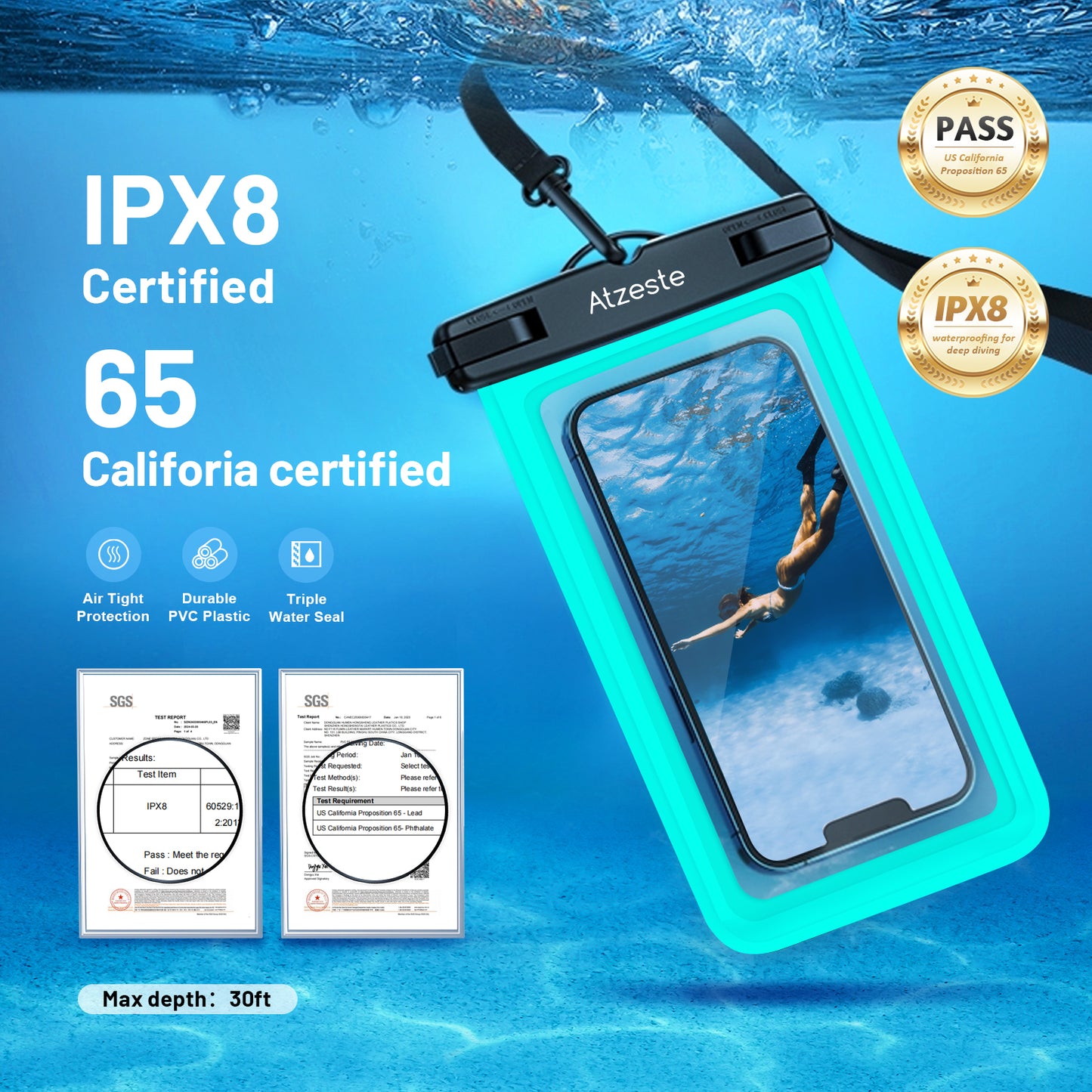 Atzeste Double Space Waterproof Phone Pouch Bag, 2 Pack Waterproof Phone Case Dry Bag for iPhone 16 15 Pro Max Galaxy S23 Pixel 7a up to 7.5‘’, for Beach Vacation Travel Cruise Essentials, Teal