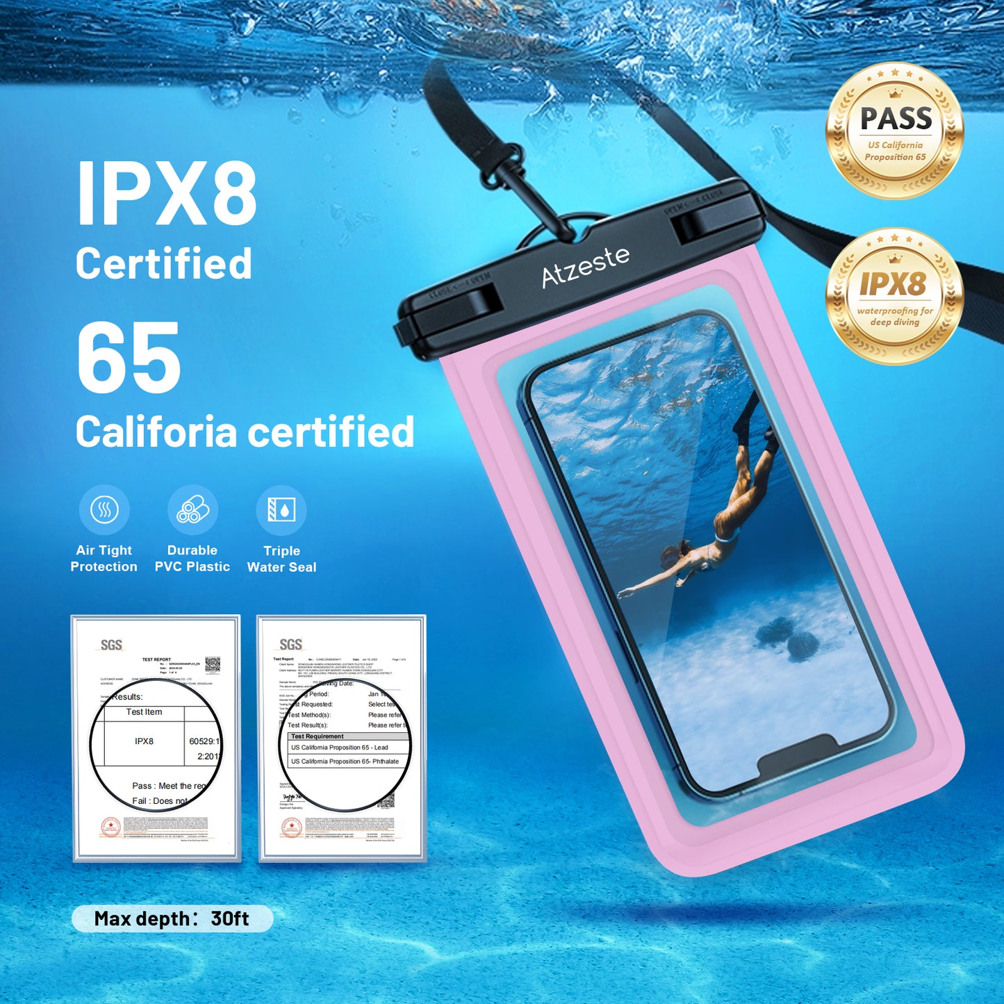 Atzeste Double Space Waterproof Phone Pouch Bag, 2 Pack Waterproof Phone Case Dry Bag for iPhone 16 15 Pro Max Galaxy S23 Pixel 7a up to 7.5‘’, for Beach Vacation Travel Cruise Essentials, Pink