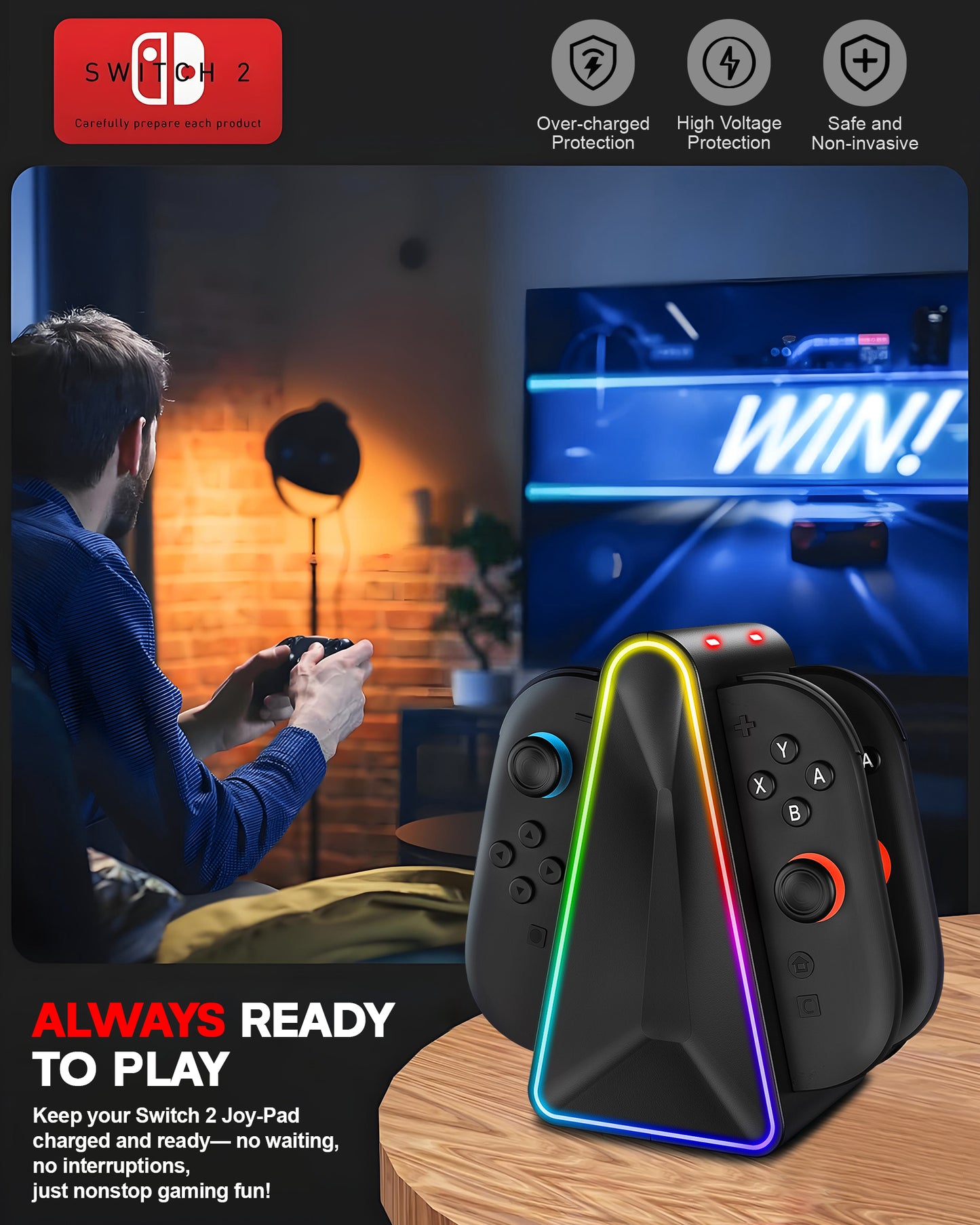 Charging Dock for 4 Joy-Cons for Nintendo Switch 2(2025), Dual-Side Magnetic Fast Controller Charger Docking Station, 9 RGB Light Modes, with Charging Cable