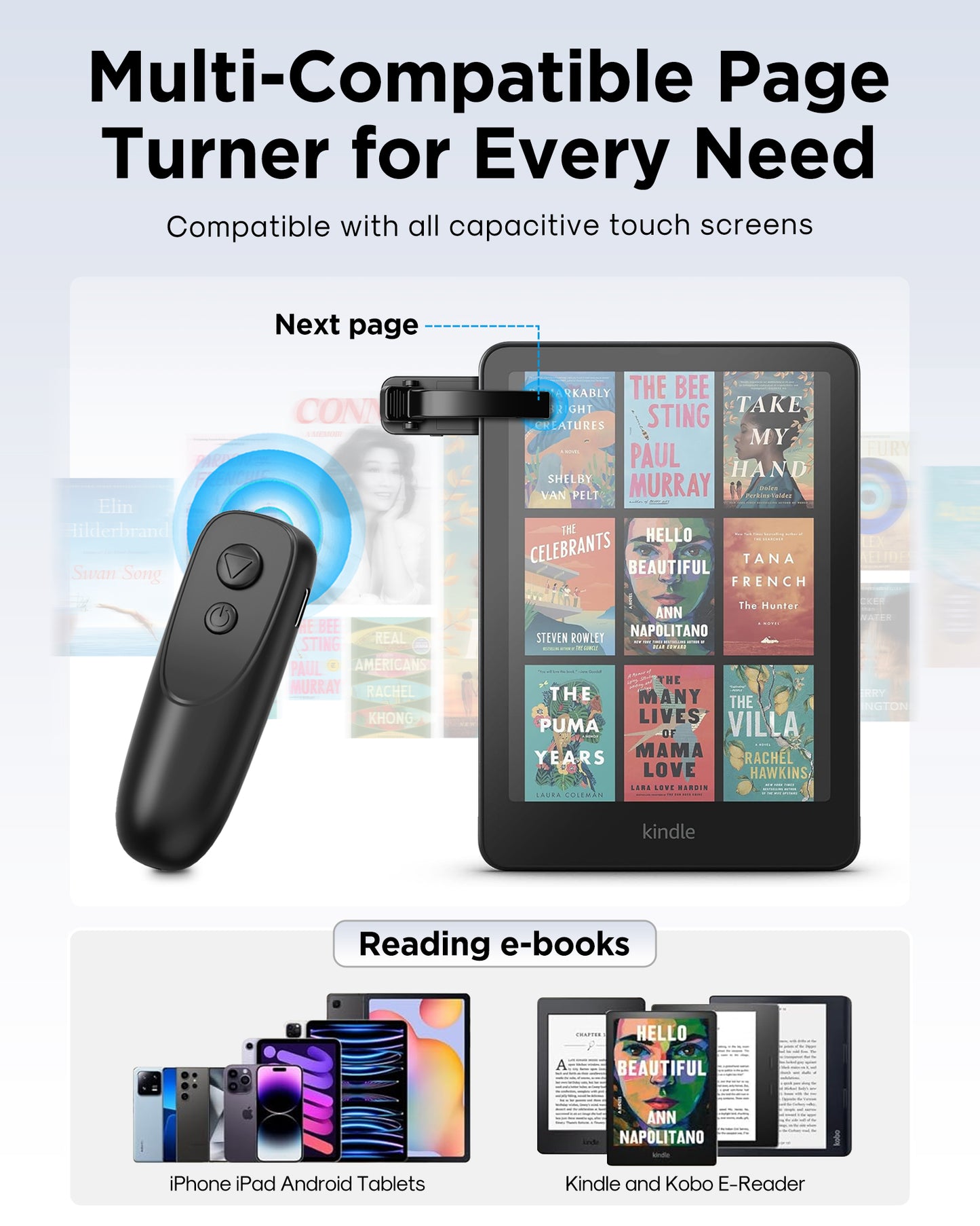Atzeste RF Remote Control Page Turner for Kindle, Kindle Paperwhite Tablets eReaders, Camera Shutter, Reading and Selfies, Ideal Kindle Accessory, Compatible with iPhone Android Tablets, Black