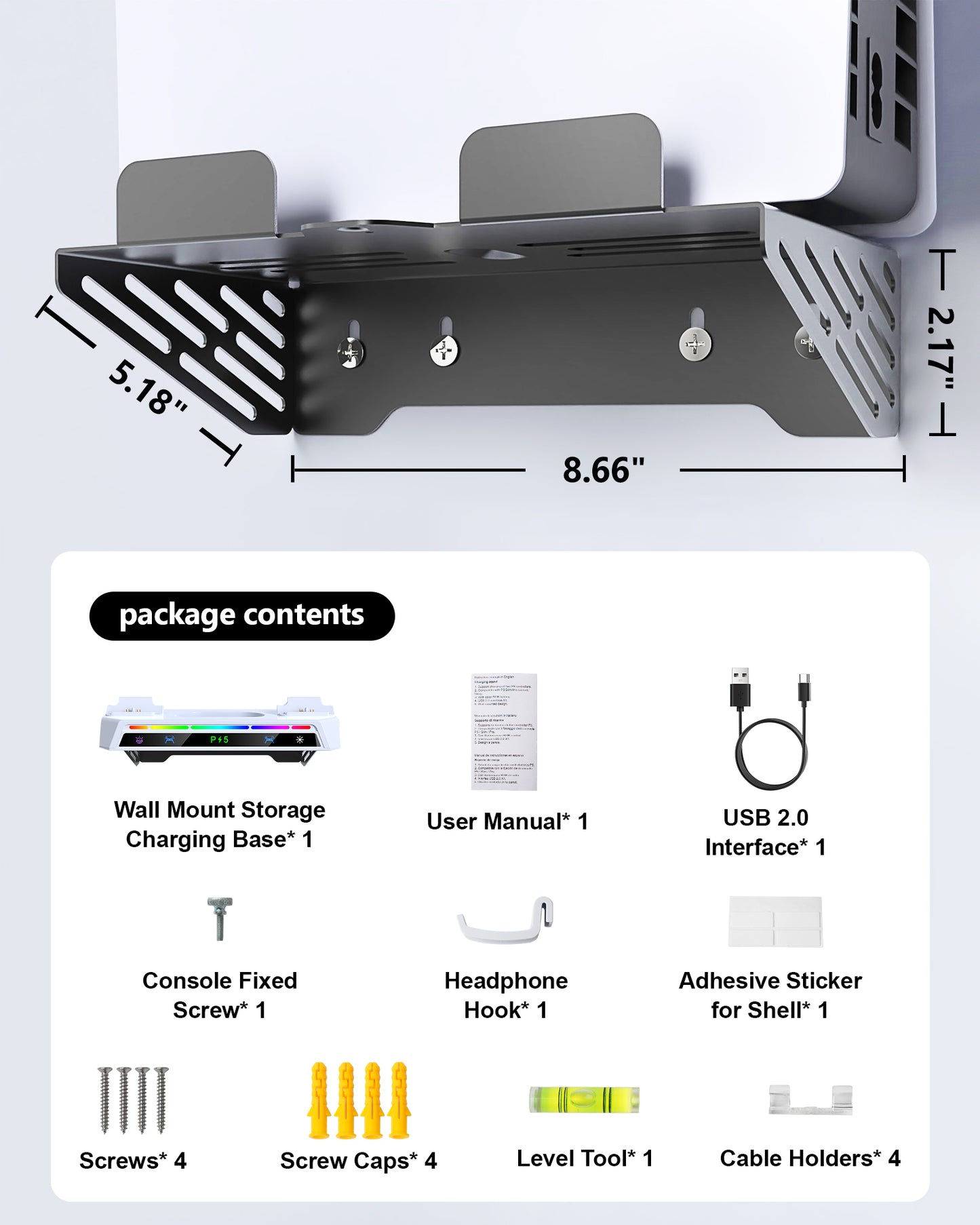 Wall Mount Kit for PS5/Slim/Pro with Charging Station, Floating Shelf Holder with Fast Dual Controller Charger, 9 RGB Light Modes, Compatible with PlayStation 5/Slim/Pro Disc & Digital Version