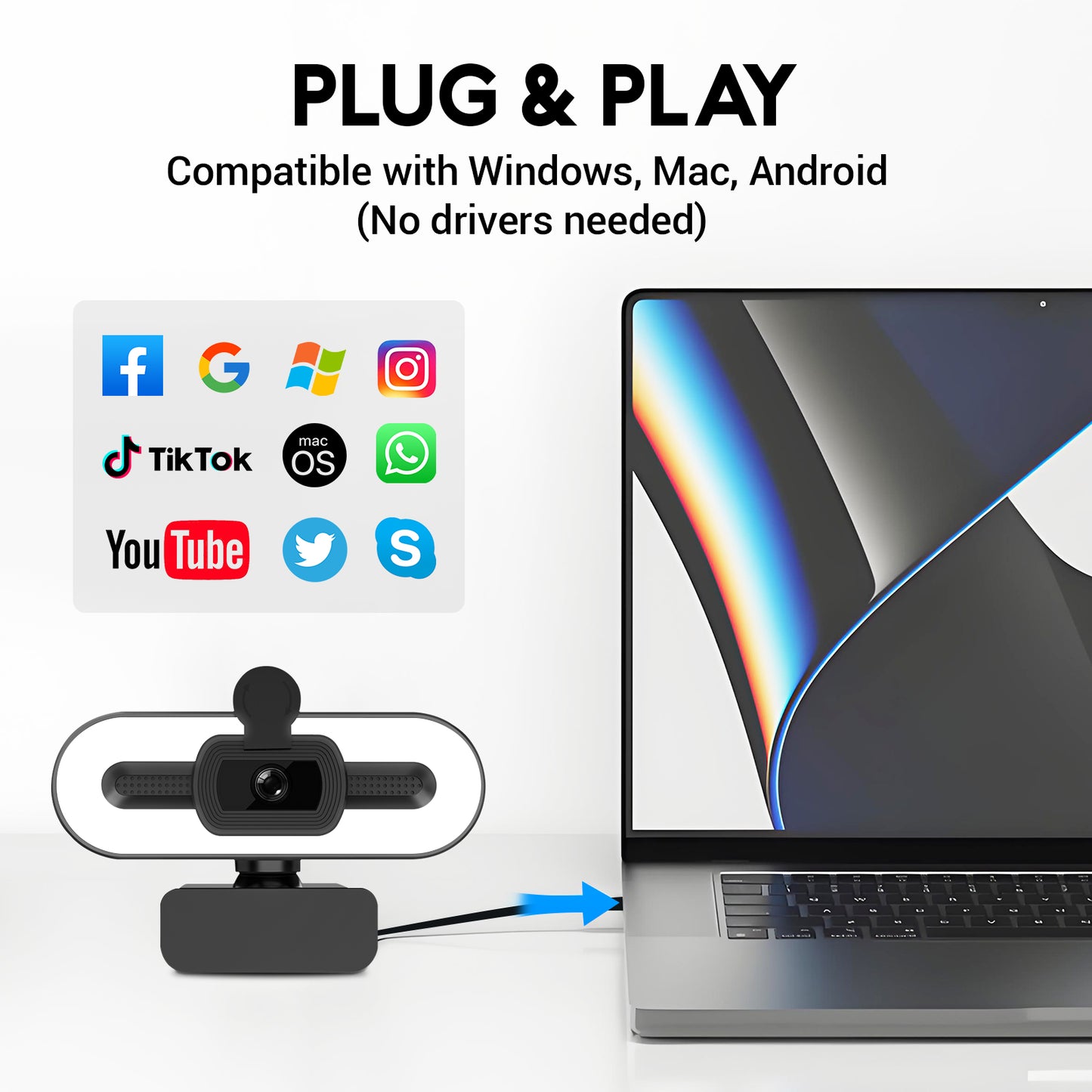 Atzeste Webcam with Ring Light 4K HD USB Autofocus PC Webcam with Mics for Xbox Ps5 Laptop Computer Gaming Webcam