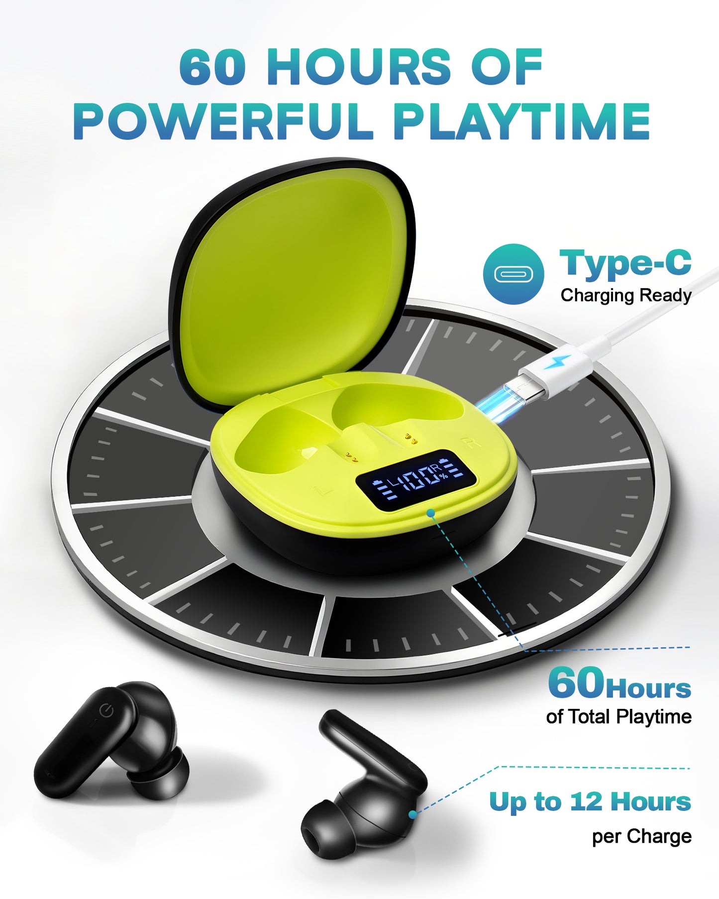 Wireless Earbuds Bluetooth 5.4, 60H Playtime Stereo Deep Bass with Power Display Charging Case, ANC Noise Cancelling, 4 Mics ENC Clear Calls, IPX4 Waterproof, Touch Control, In-Ear Headphones for Workout/Running