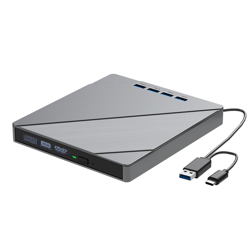Atzeste External CD/DVD Drive for Laptop, Portable USB 3.0&Type-C CD/DVD Burner Rewriter, DVD Reader Player with 4 USB 3.0& 1 USB C TF/SD Card Reader Hub, Compatible with Windows, Mac OS, Linux