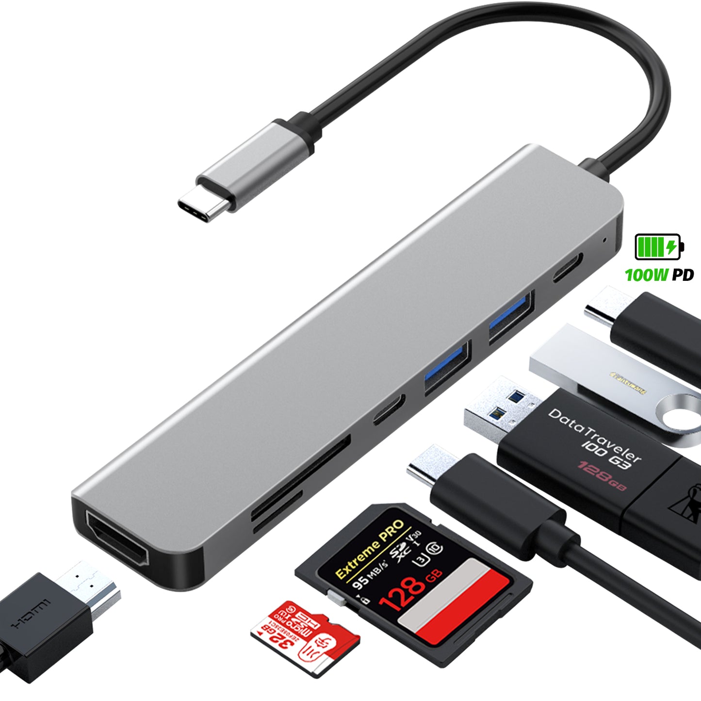 Atzeste 7 in 1 USB C Hub, USB C Adapter with 4K HDMI, 100W PD, 3 5Gbps Data Ports(1 USB-C & 2 USB 3.0), TF/SD Card Reader, USB Hub for Laptop, MacBook Pro/Air/Mac/Dell/HP/ASUS/Acer/Steam Deck