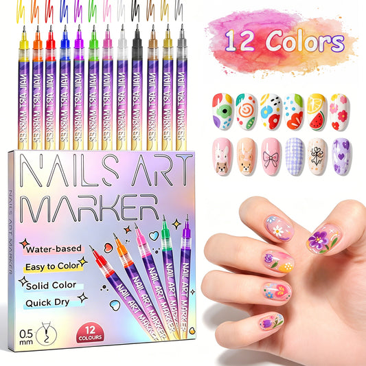 Atzeste 12 Colors Nail Art Pens Set, Quick-Drying Nail Paint Markers, Fine Tip Nail Design Pens for Drawing, Lining, Dotting, DIY Nail Art, Home & Salon Manicure Supplies