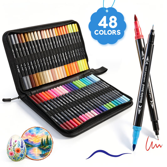 Atzeste 48 Colors Dual Tip Brush Markers, Water-Based Coloring Markers with Brush Tip & Fine Tip, Watercolor Pens Art Marker Set for Calligraphy, Drawing, Journaling, DIY Crafts