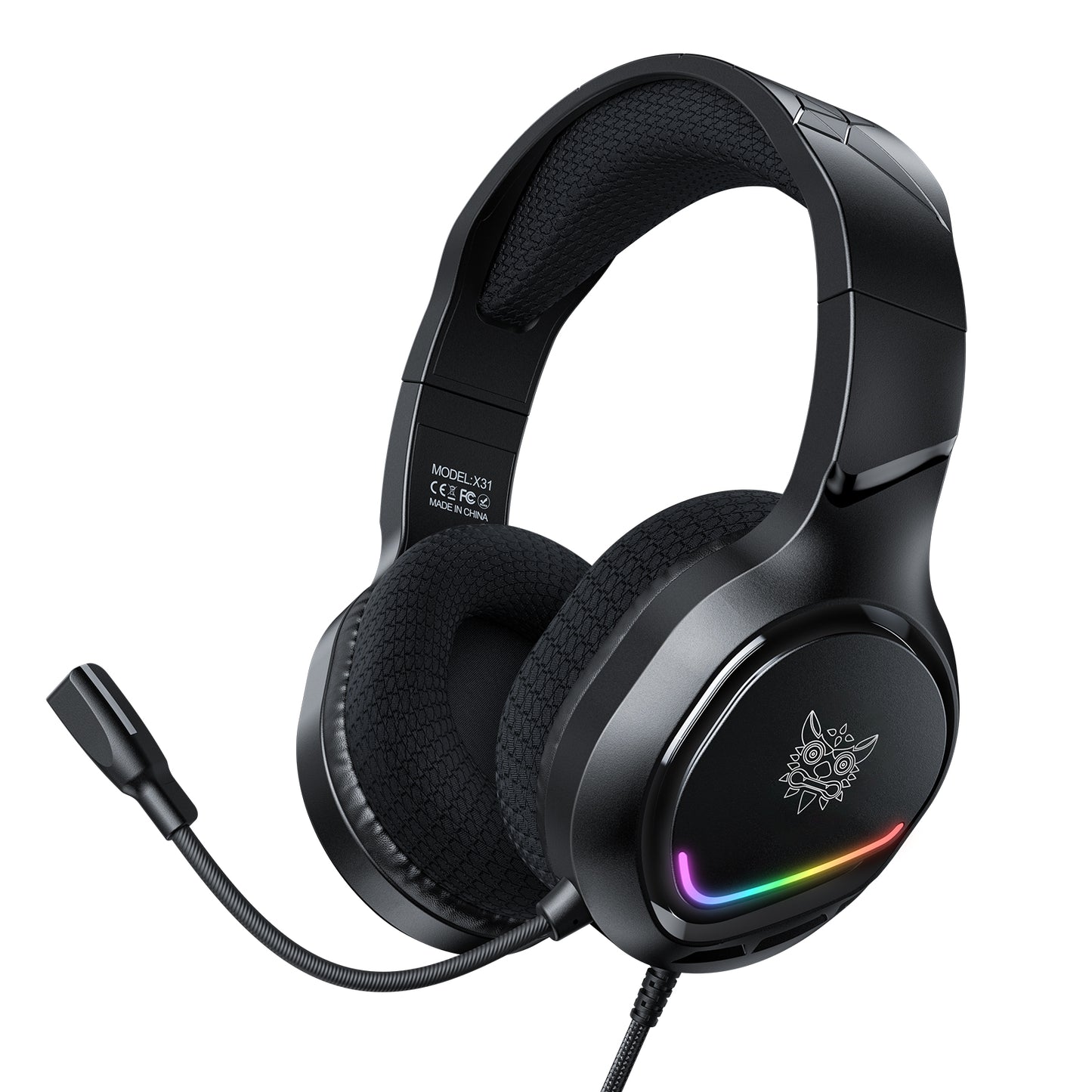 Atzeste X31 Over-Ear Wired Headphones with Mic, Stereo Bass Sound, 2.2M Tangle-Free Nylon Cable, 3.5mm Plug & USB for LED, One-to-Two Adapter, Gaming Headphones for Laptop, Tablet, Phone - Black
