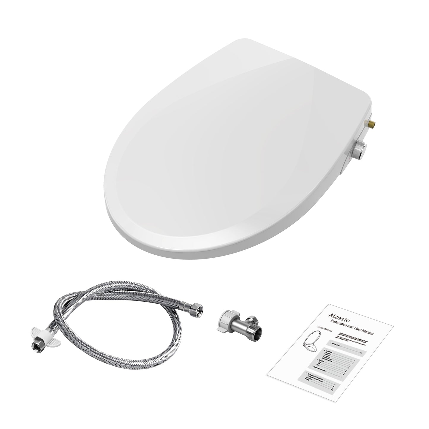 Atzeste Bidet Toilet Seat, Non-Electric Dual Nozzles Bidet Attachment, Adjustable Water Pressure Water Sprayer, Rear & Feminine Wash, Quiet-Close, Brass Inlet, Fit Elongated Toilet Seat