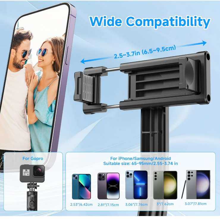 Selfie Stick Tripod for Cell Phone with Remote, 50" Extendable Travel Tripod Stand, Lightweight Phone Tripod for Video Recording, Photography, Live Streaming, Black