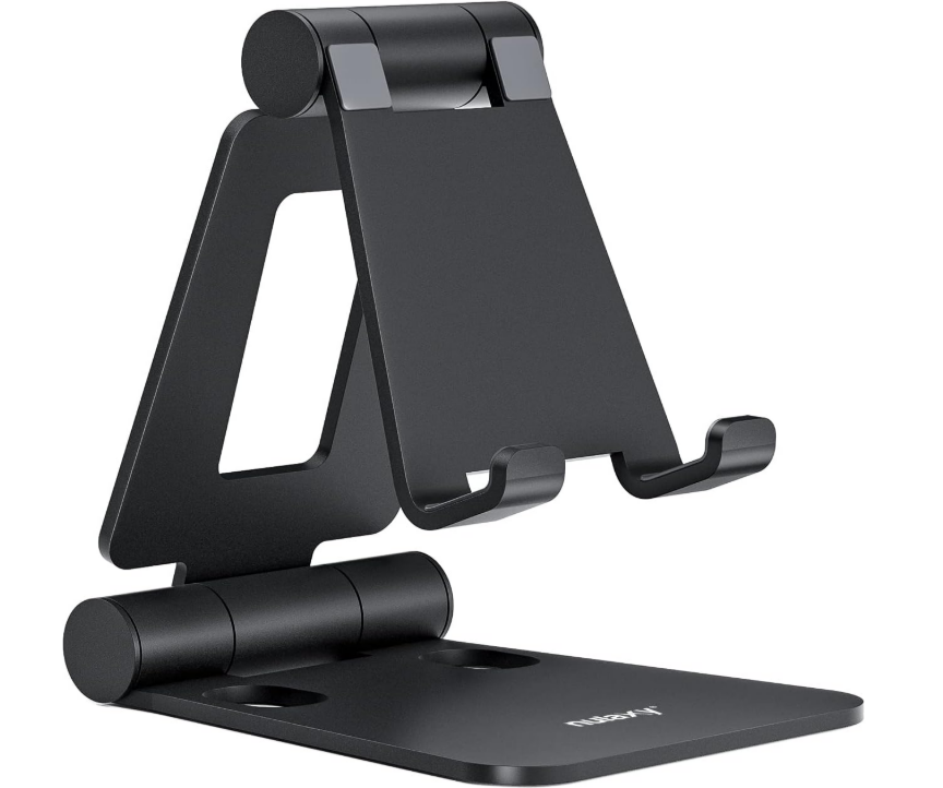 Adjustable Foldable Desktop Phone Stand, Dual Aluminum Rotatable Phone Holder Compatible with 4-8" iPhone & Android, Black