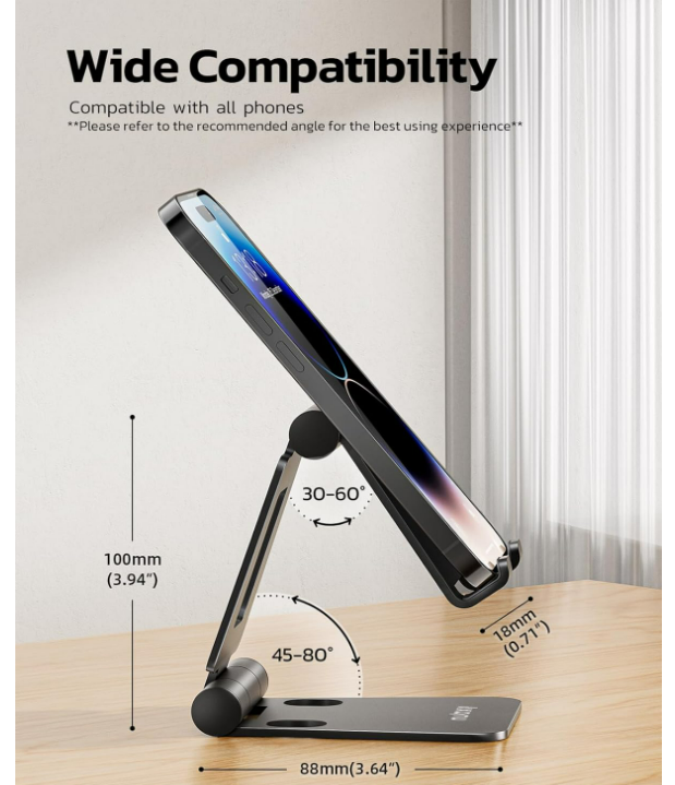 Adjustable Foldable Desktop Phone Stand, Dual Aluminum Rotatable Phone Holder Compatible with 4-8" iPhone & Android, Black