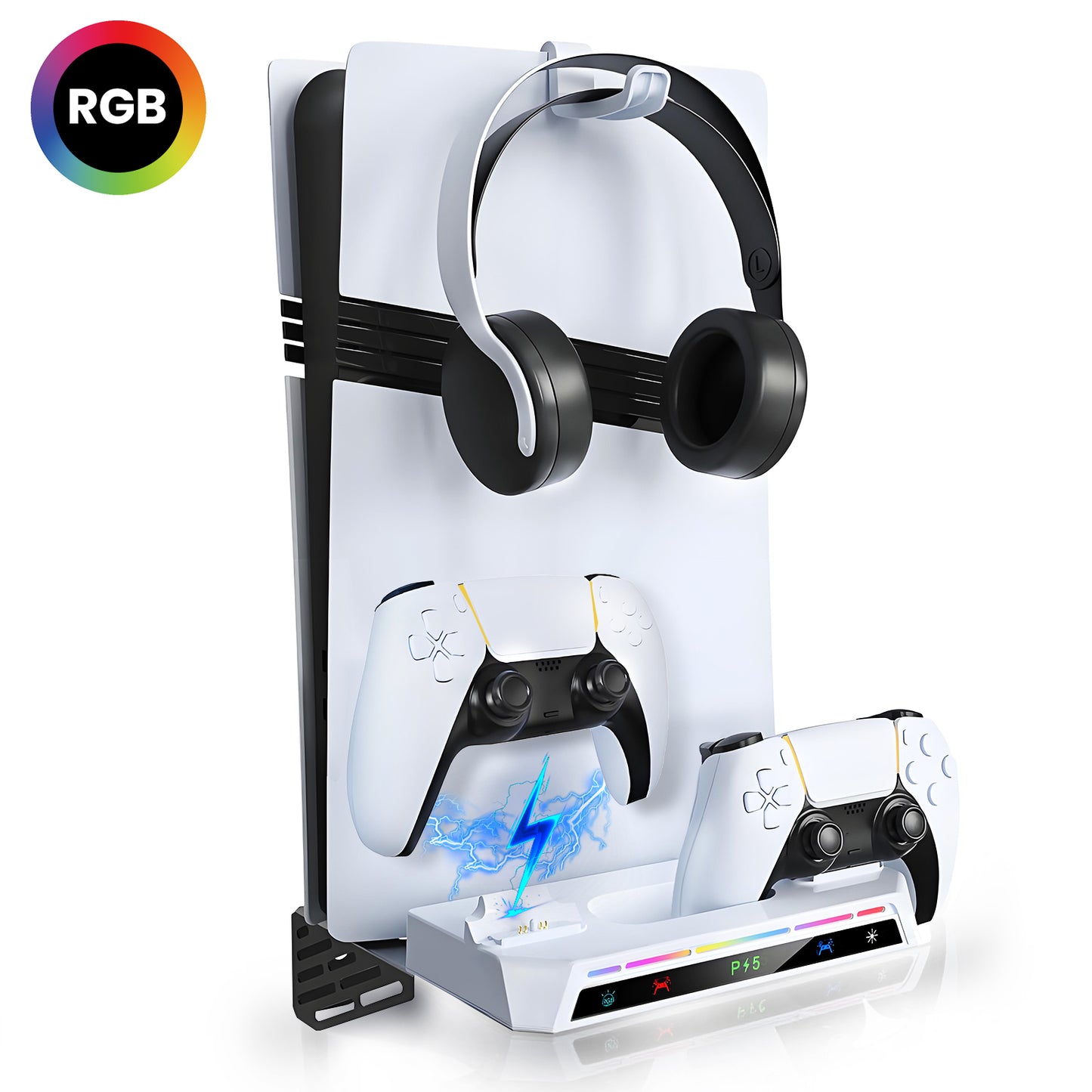 Wall Mount Kit for PS5/Slim/Pro with Charging Station, Floating Shelf Holder with Fast Dual Controller Charger, 9 RGB Light Modes, Compatible with PlayStation 5/Slim/Pro Disc & Digital Version
