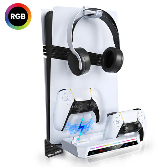 Wall Mount Kit for PS5/Slim/Pro with Charging Station, Floating Shelf Holder with Fast Dual Controller Charger, 9 RGB Light Modes, Compatible with PlayStation 5/Slim/Pro Disc & Digital Version