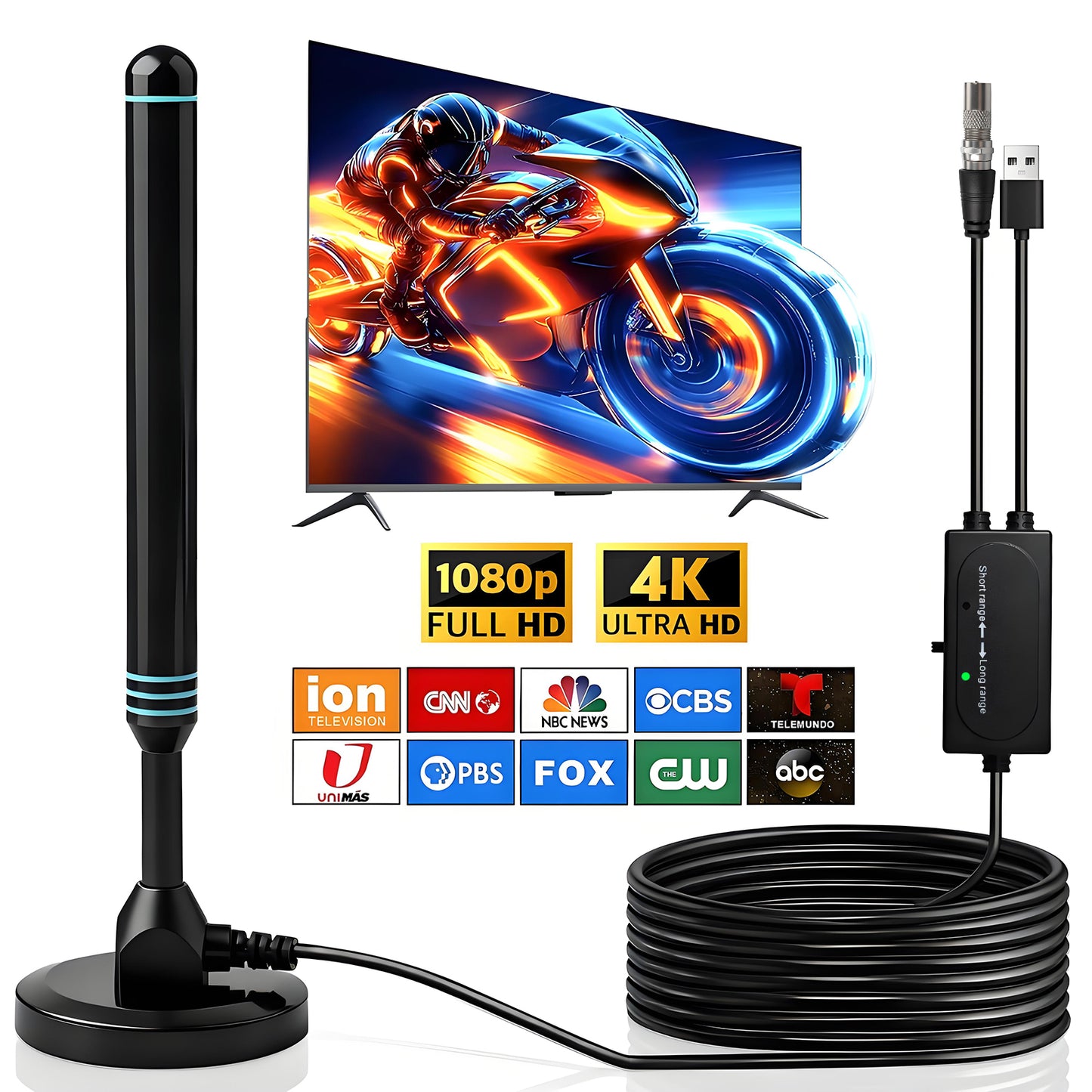 TV Antenna Indoor for Smart TV, Digital Indoor HD TV Antennas for Free Channels, with Amplifier Signal Booster, Long Range Reception Outdoor Antenna for Local Channels, Supports 4K 1080p