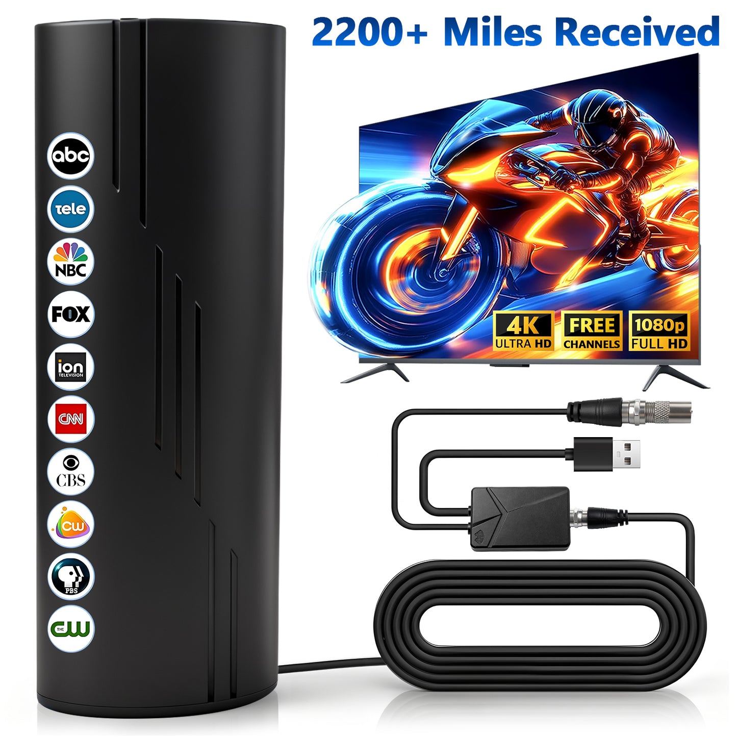 2025 Upgraded TV Antenna for Smart TV, Digital Indoor/Outdoor HD TV Antennas for Free Channels, 2200+ Miles Long Reception Range, Amplified Signal Booster, Support 4K 1080p