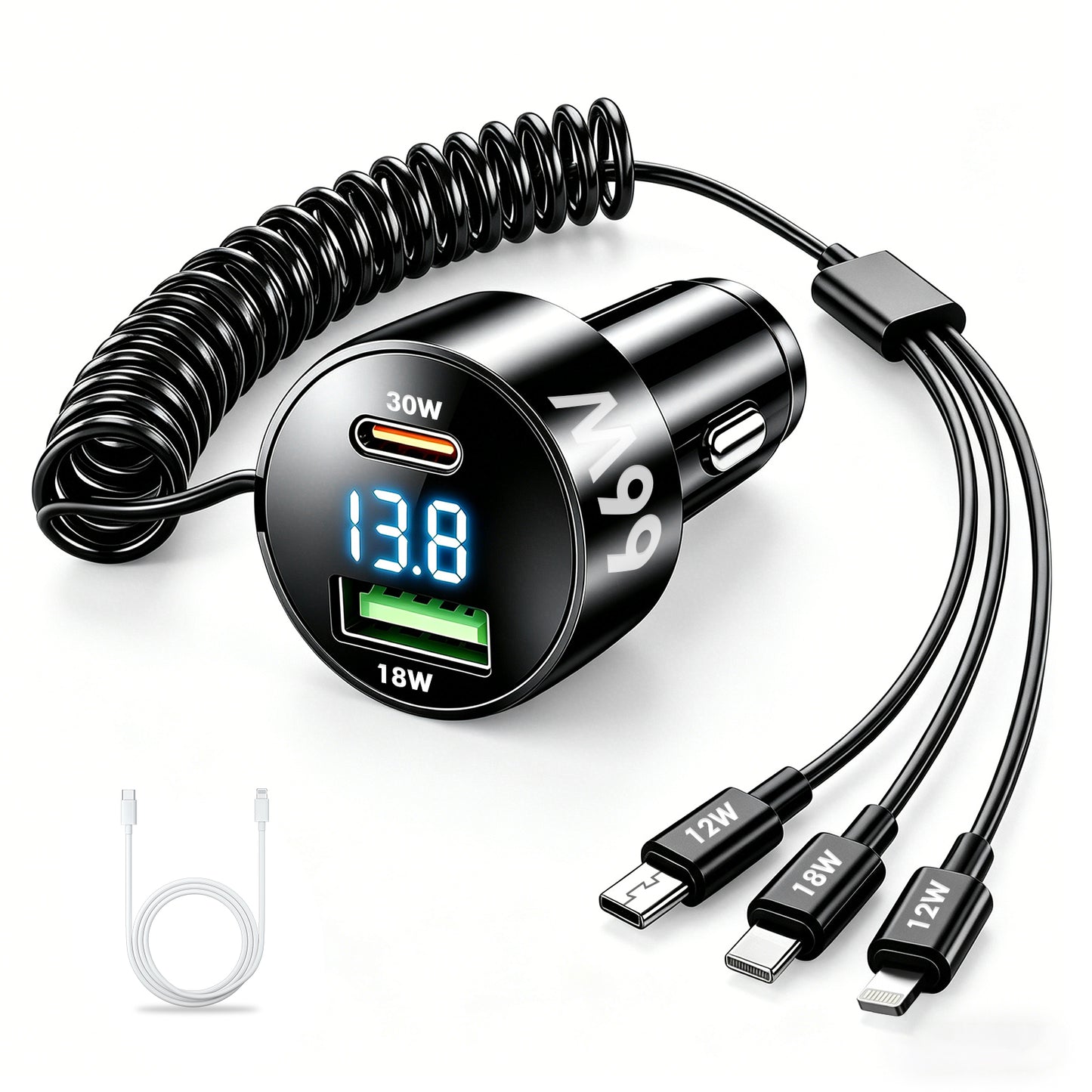 Atzeste 5 in 1 Car Charger 66W Fast Charging USB & Type C Car Charging Adapter with Type C Micro USB Charger, LED, Compatible with iPhone 17 16 15 14 13 12 11, Galaxy & Pixel, Android