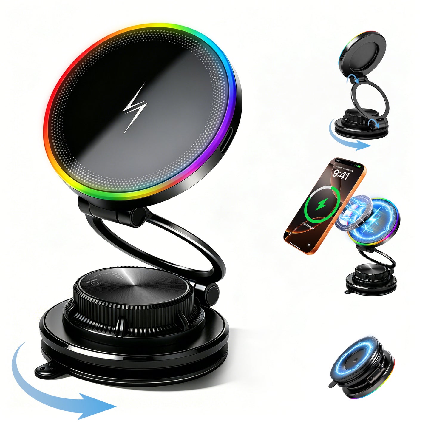 Atzeste for Magsafe Phone Holder for Car 15W Fast Wireless Charging, Magnetic RGB Car Phone Holder, 360° Adjustable Car Phone Mount Accessories, Compatible with iPhone 17 Pro Max 16 15 14 13 12