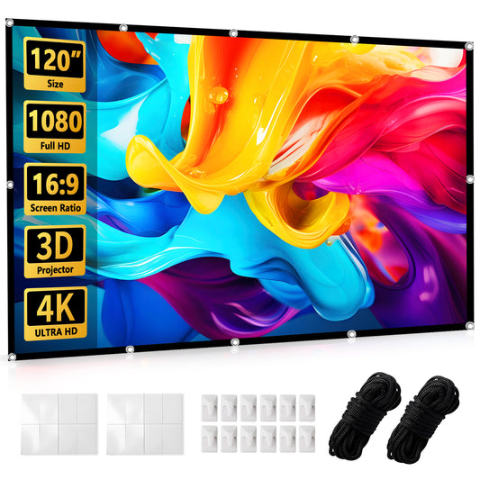 120 inch Projector Screen 16:9, 4K HD Indoor Outdoor Wall Mount Foldable Portable Movie Screens, Anti-Crease Projection Screen for Home Theater