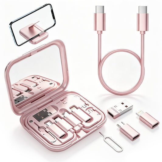 Atzeste Cable Organizer Kit, Portable Travel Cable Storage Case with Multi Charging Adapters, Compact Cord Organizer for USB-C, USB, and Small Accessories, Pink