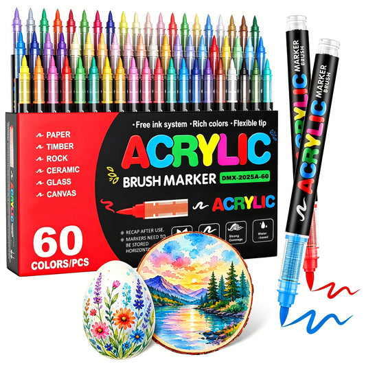 Atzeste 60 Colors Acrylic Paint Markers, Paint Pens for Rock Painting, Wood, Glass, Fabric, Canvas, Ceramic & DIY Crafts, Art Supplies for Adults, Teens & Beginners
