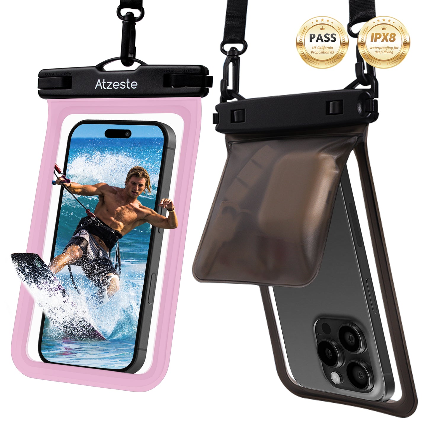 Atzeste Double Space Waterproof Phone Pouch Bag, 2 Pack Waterproof Phone Case Dry Bag for iPhone 16 15 Pro Max Galaxy S23 Pixel 7a up to 7.5‘’, for Beach Vacation Travel Cruise Essentials, Pink