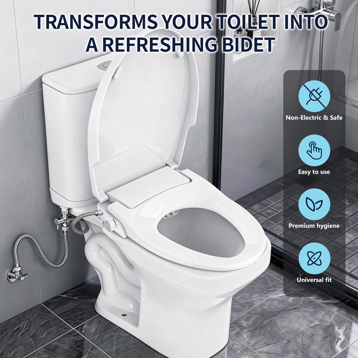 Atzeste Bidet Toilet Seat, Non-Electric Dual Nozzles Bidet Attachment, Adjustable Water Pressure Water Sprayer, Rear & Feminine Wash, Quiet-Close, Brass Inlet, Fit Elongated Toilet Seat