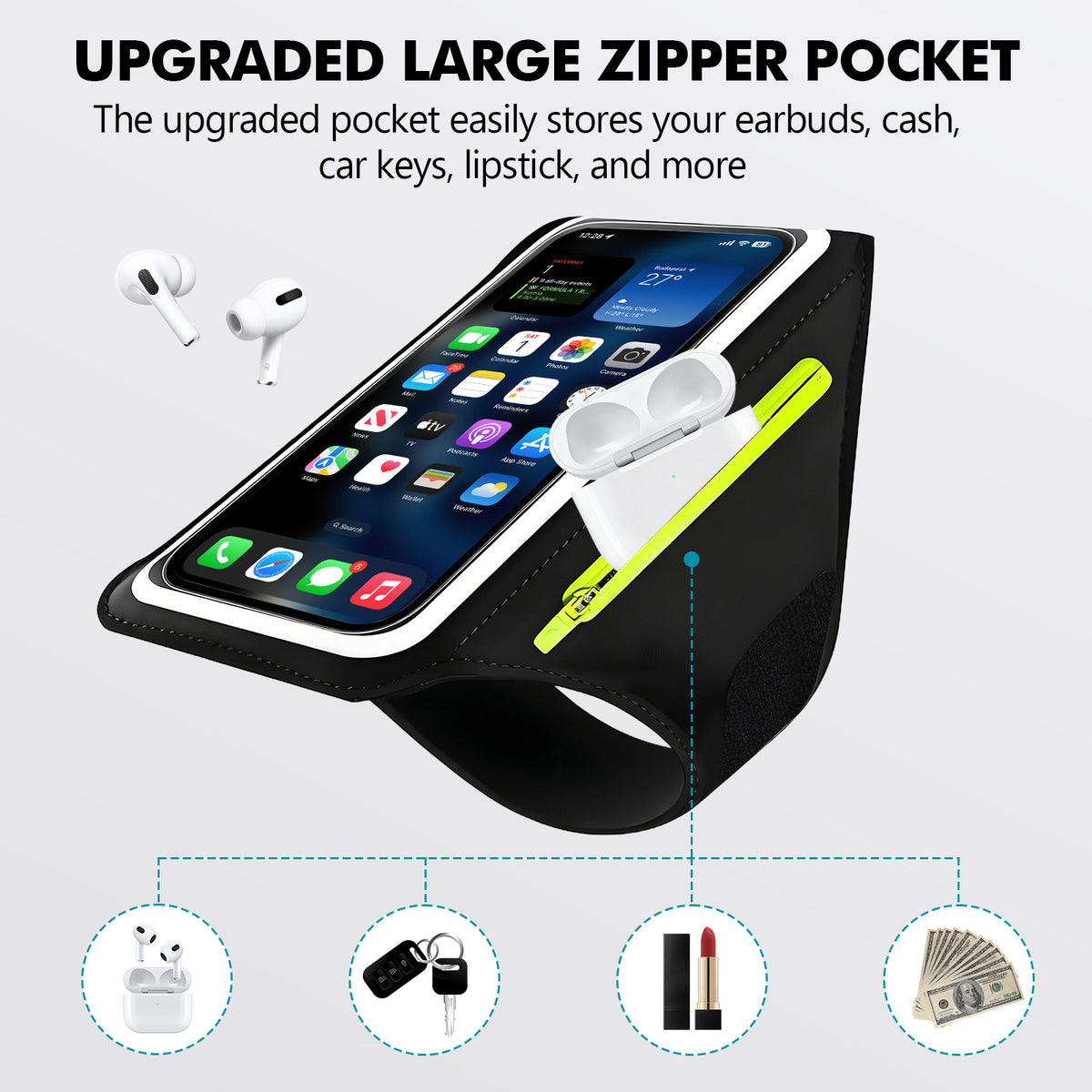 Atzeste Cell Phone Running Armband with Earphone Bag, Sweatproof Arm Band Phone Holder, Fits 6.9" Phones Compatible with iPhone 17 16 15 14 13 12 Pro Max/Plus/XR/XS, Galaxy S25-S22