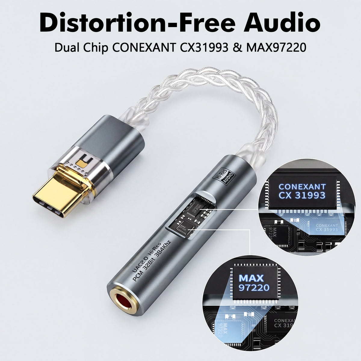 Atzeste USB C to 3.5mm Headphones Adapter, Dual Chip CX31993 MAX97220 DAC Dongle with HiFi Amplifier, 8-Strand 4N Single Crystal Copper Silver-Plated Cable, USBC to aux for All USBC Devices