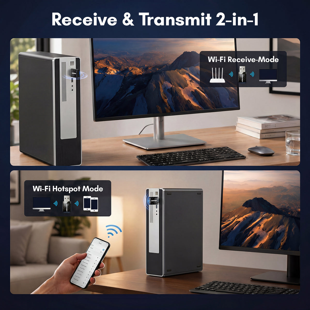 Atzeste AC1300 USB WiFi Adapter, 2.4G/5G Dual Band Wireless Network Adapter for PC Desktop, MU-MIMO WiFi Dongle, USB 3.0, Supports Windows 11, 10, 8.1, 8, 7, XP/Mac OS X 10.9-10.15