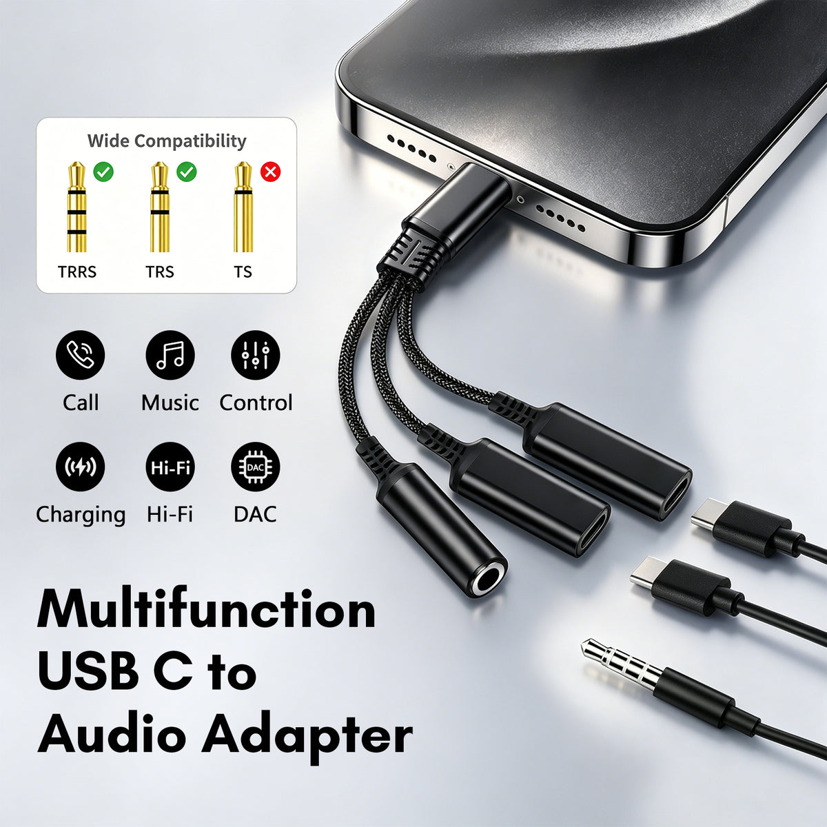 Atzeste 3-in-1 USB-C to 3.5mm Audio Adapter, 60W PD Fast Charging USB C Headphone Jack Splitter with USB-C Audio Port Compatible with iPhone 17/16/15 Series, iPad, Samsung Galaxy S24/S23 Ultra
