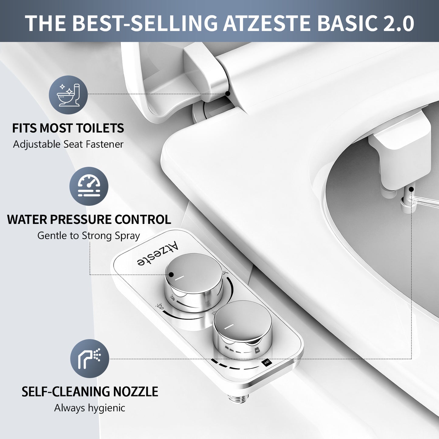 Atzeste Ultra-Slim Bidet, Bidet for Toilet Seat Attachment, Non-Electric Dual Nozzle, Rear & Feminine Wash, Self-Cleaning Sprayer, Stainless Steel Inlet Badays, Silver