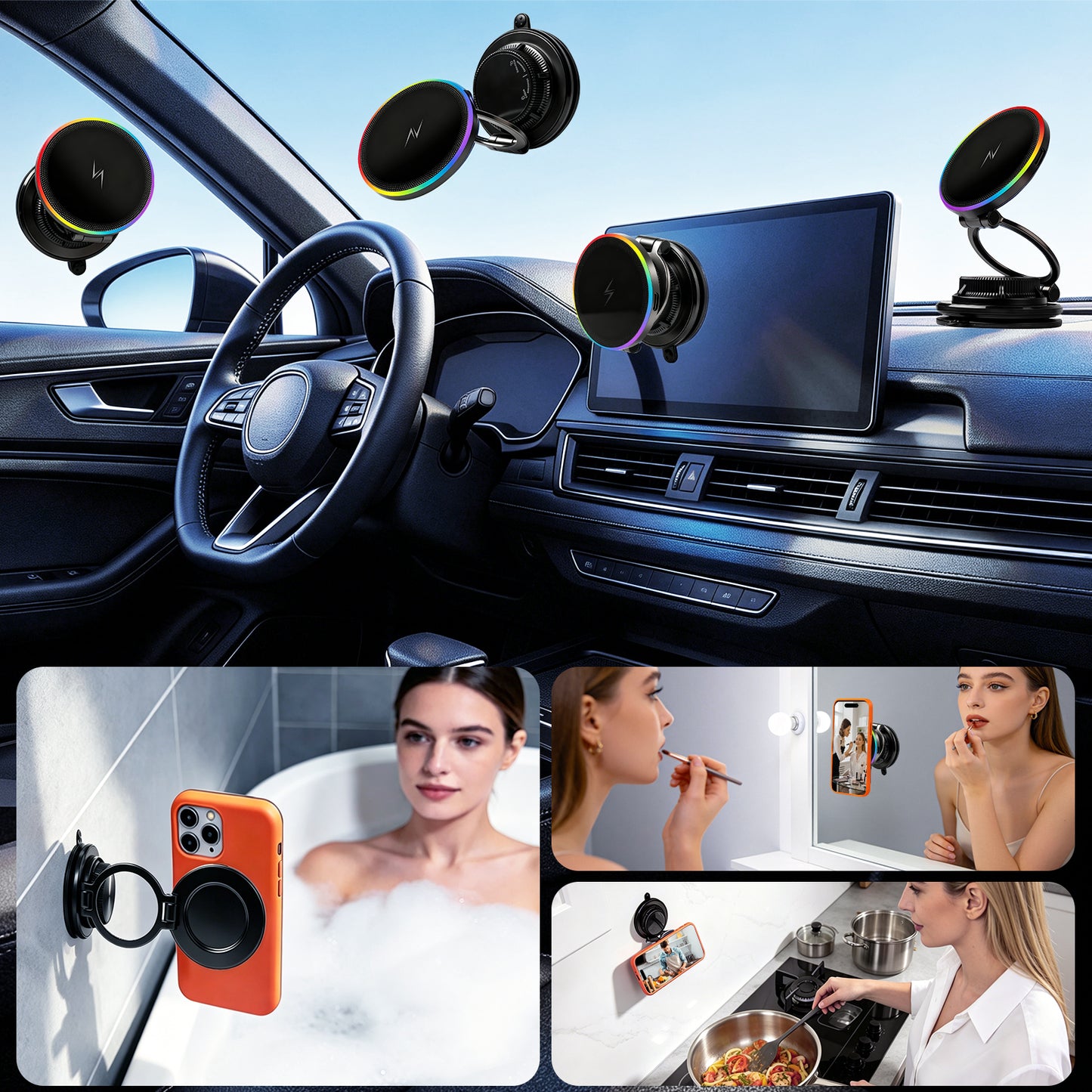 Atzeste for Magsafe Phone Holder for Car 15W Fast Wireless Charging, Magnetic RGB Car Phone Holder, 360° Adjustable Car Phone Mount Accessories, Compatible with iPhone 17 Pro Max 16 15 14 13 12
