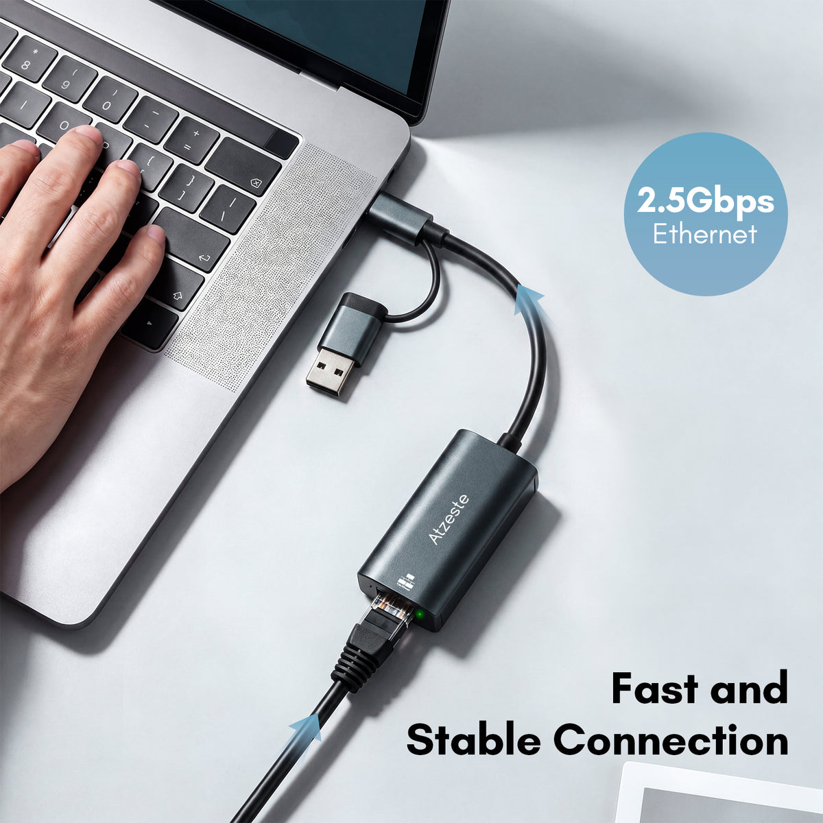 Atzeste USB 3.0 & USB C to 2.5G Ethernet Adapter, RJ45 Network Adapter up to 2500Mbps (2.5Gbps), Compatible with MacBook Pro/Air, Surface Pro, Windows 11/10/8/7, Mac OS