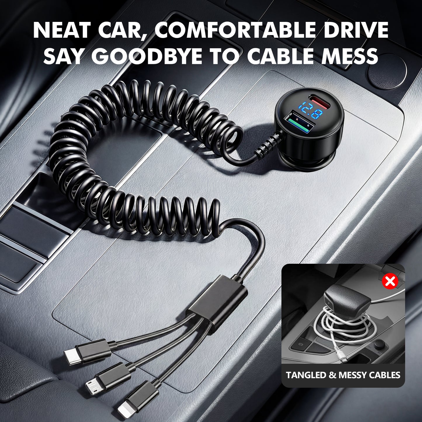 Atzeste 5 in 1 Car Charger 66W Fast Charging USB & Type C Car Charging Adapter with Type C Micro USB Charger, LED, Compatible with iPhone 17 16 15 14 13 12 11, Galaxy & Pixel, Android